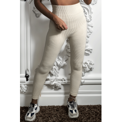 Legging beige en maille côtelé très extensible - 1