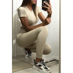 Ensemble legging et top sport beige en matière gênante - 2