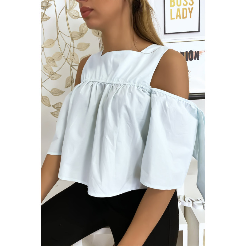 Blouse crop top bleu avec noeuds - 7