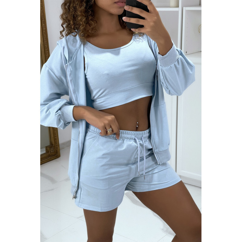 Ensemble 3 pièces bleu sweat top et short - 2