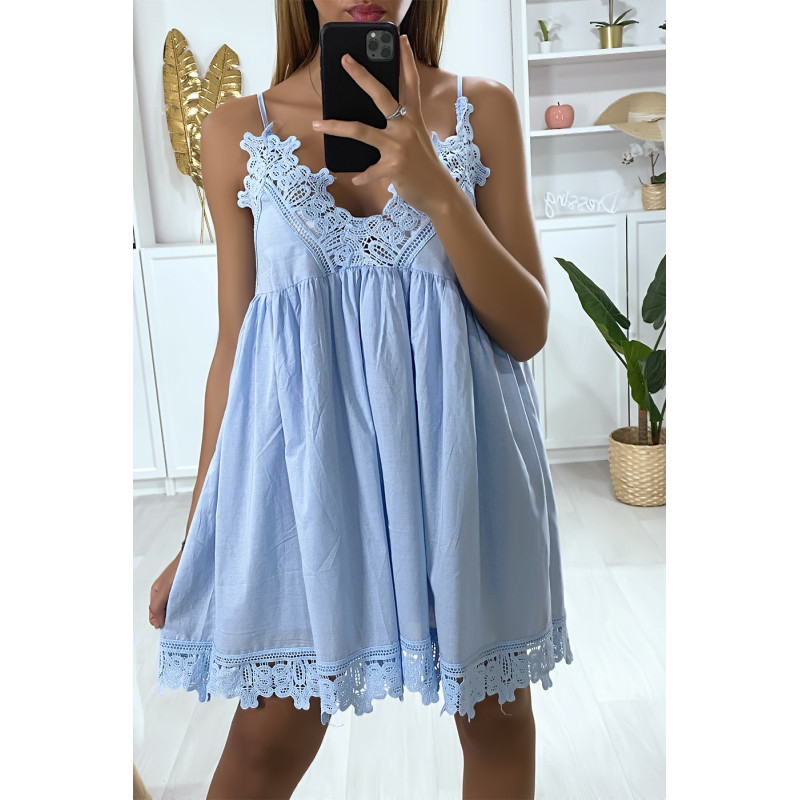 Robe tunique bleu à bretelle avec broderie au buste et en bas - 4