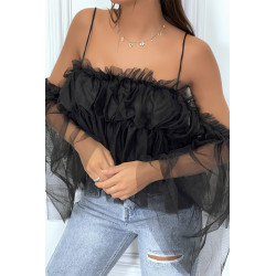 Top en tulle noir à bretelles et épaules denudées - 5