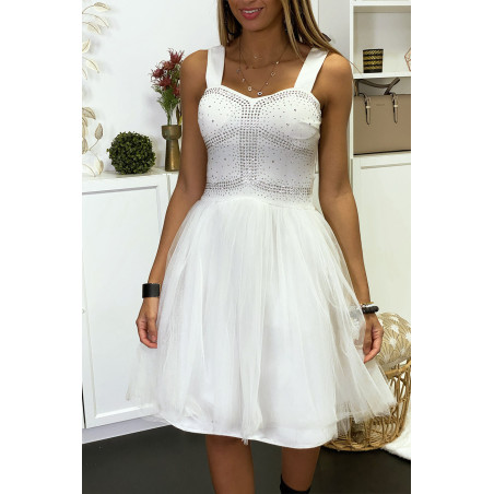 Robe patineuse blanche à bretelle avec strass et tulle évasé - 1