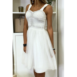 Robe patineuse blanche à bretelle avec strass et tulle évasé - 4