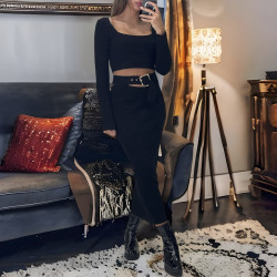 Ensemble haut et jupe noir avec accessoire ceinture intégré  - 1