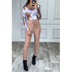 Pantalon rose poudré coupe cigarette à élastique - 1