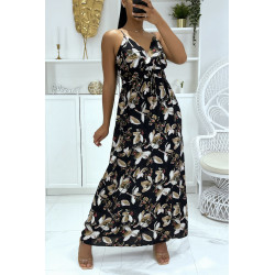 Longue robe noire à motif floral et bretelle - 1