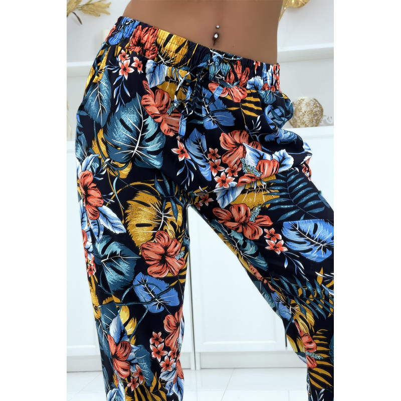 Pantalon fluide marine à motif floral B-59 - 1