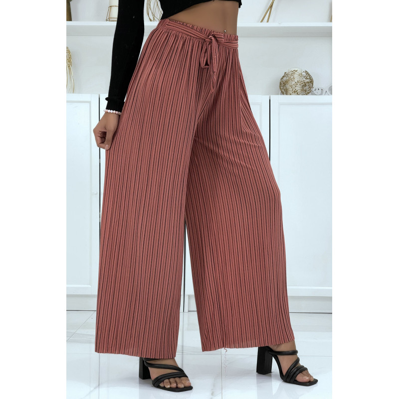 Pantalon palazzo plissé corail avec joli rayure - 1