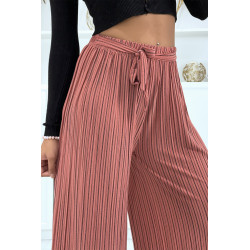 Pantalon palazzo plissé corail avec joli rayure - 3