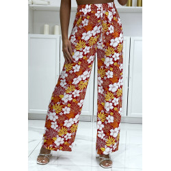 Pantalon palazzo rouge motif fleurs et feuilles  - 3