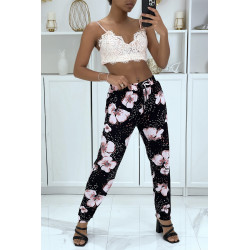 Pantalon fluide rose à motif floral B-60 - 1