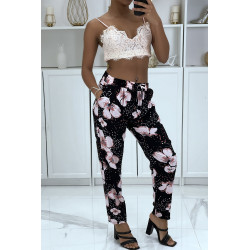 Pantalon fluide rose à motif floral B-60 - 2