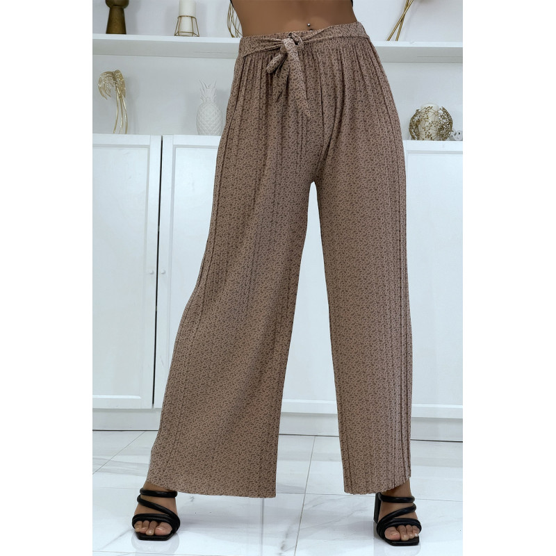 Pantalon palazzo plissé taupe avec joli motif - 1