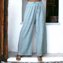 Pantalon palazzo plissé turquoise motif fleuris   - 1