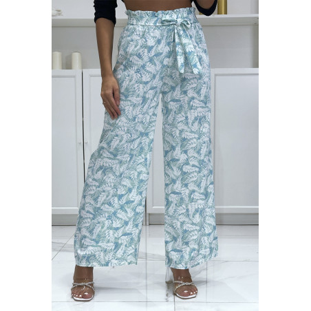 Pantalon palazzo avec joli motif feuille turquoise - 3