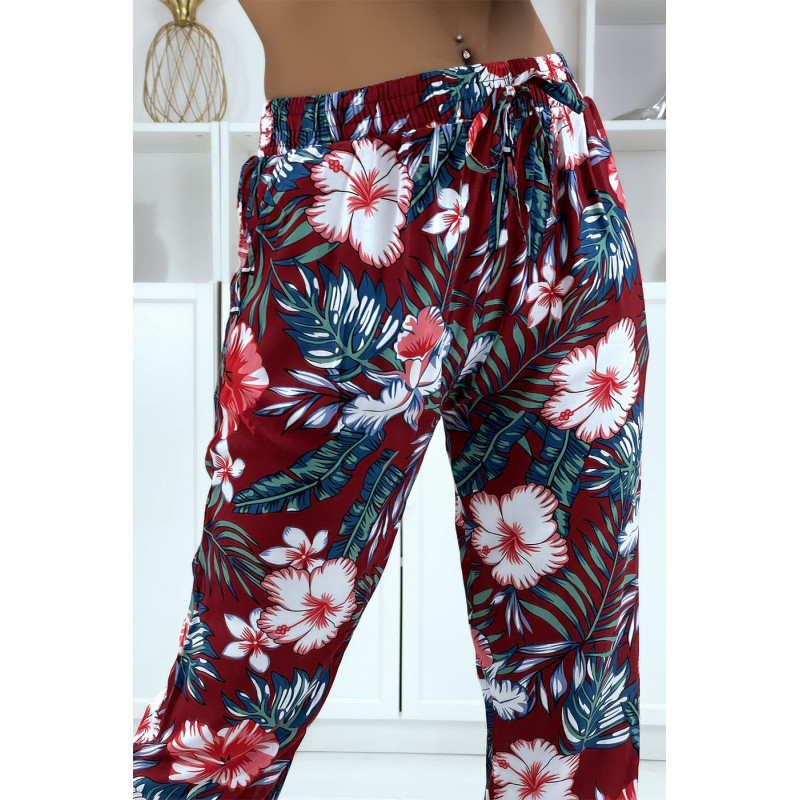 Pantalon fluide bordeaux à motif floral a-45 - 1