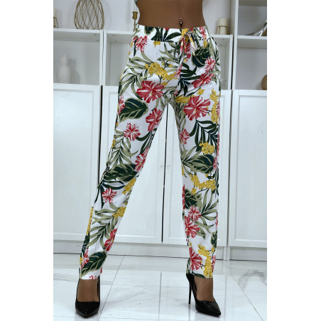 Pantalon fluide blanc à motif floral B-21 - 1