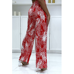 Pantalon palazzo rouge en coton motif feuilles - 1