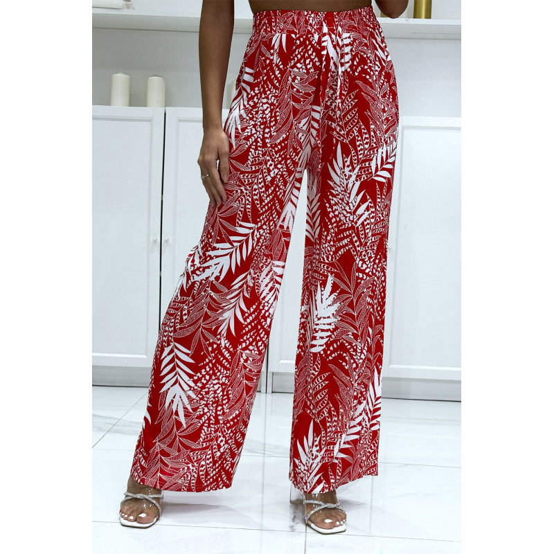 Pantalon palazzo rouge en coton motif feuilles - 3