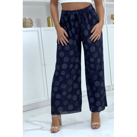 Pantalon palazzo plissé marine avec motif - 1