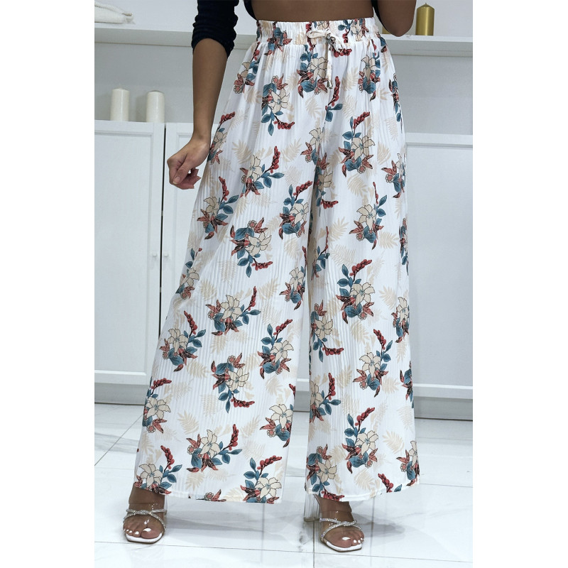 Pantalon palazzo plissé blanc avec motif fleuris - 3