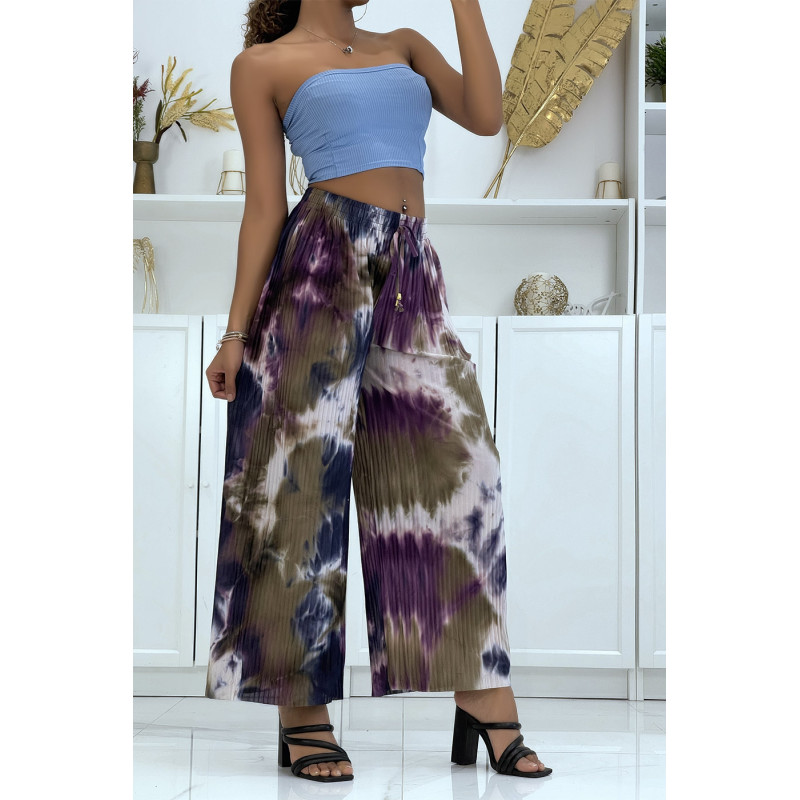 Pantalon palazzo plissé violet tie-dye - 1