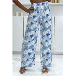 Pantalon palazzo turquoise motif fleurs et feuilles  - 2