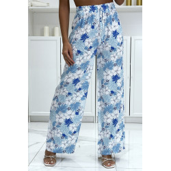 Pantalon palazzo turquoise motif fleurs et feuilles  - 3