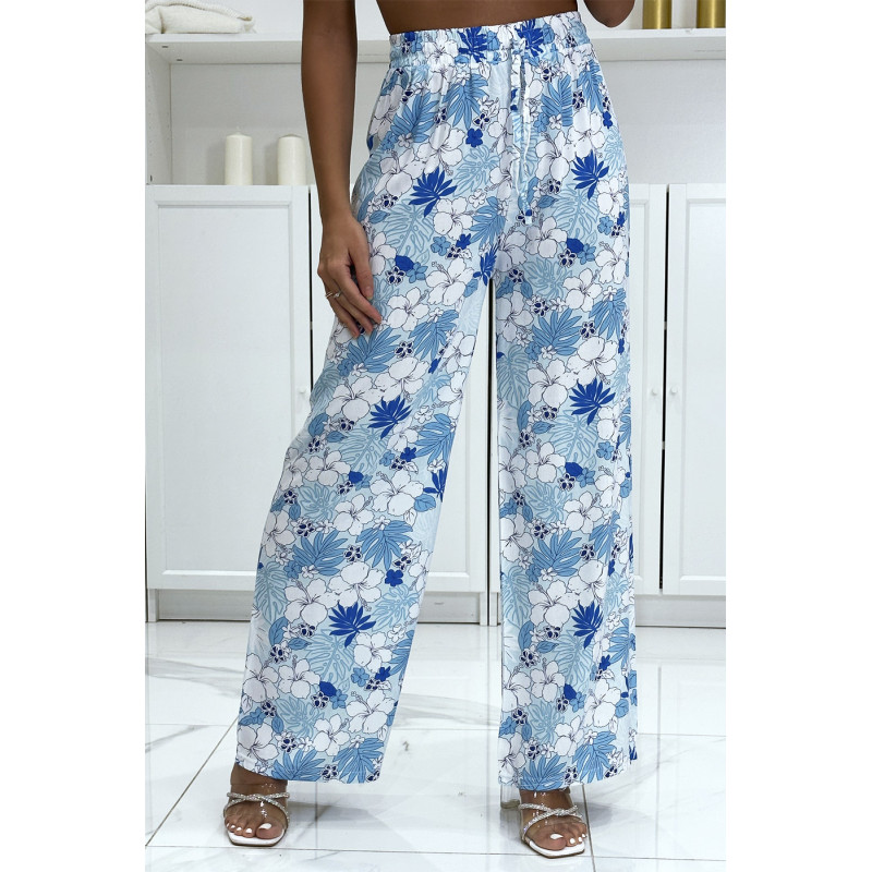 Pantalon palazzo turquoise motif fleurs et feuilles  - 3