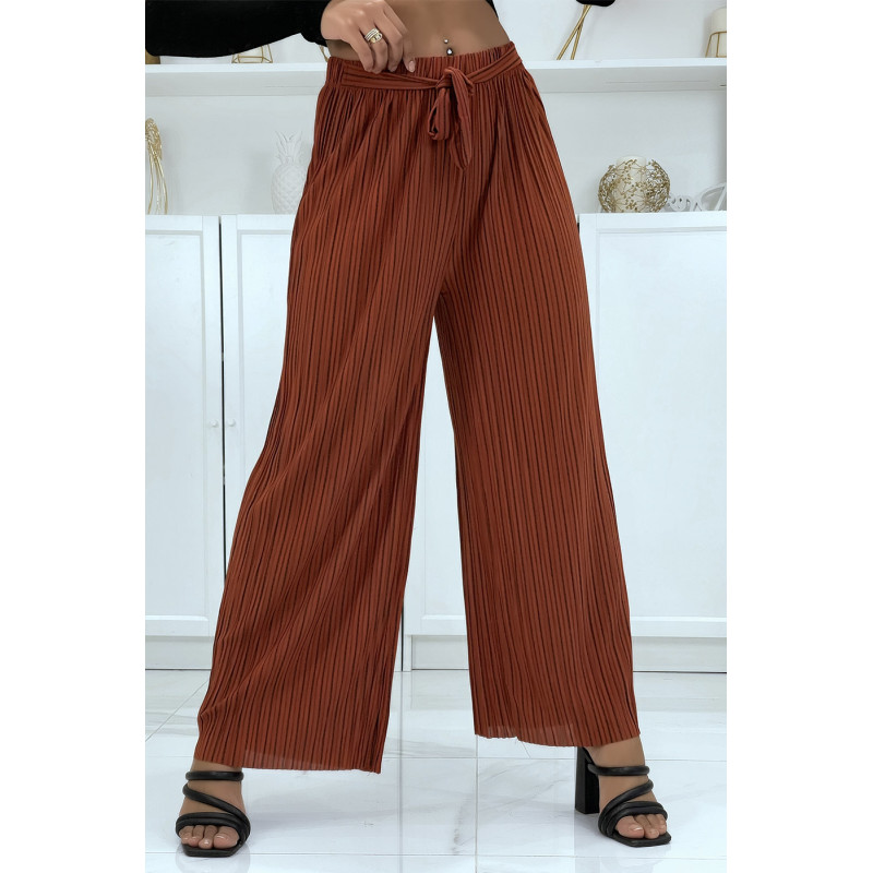 Pantalon palazzo plissé cognac avec joli rayure - 1