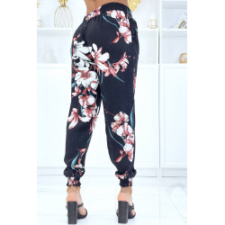 Pantalon noir à fleurs, fluide élastique à la taille et aux chevilles  - 3