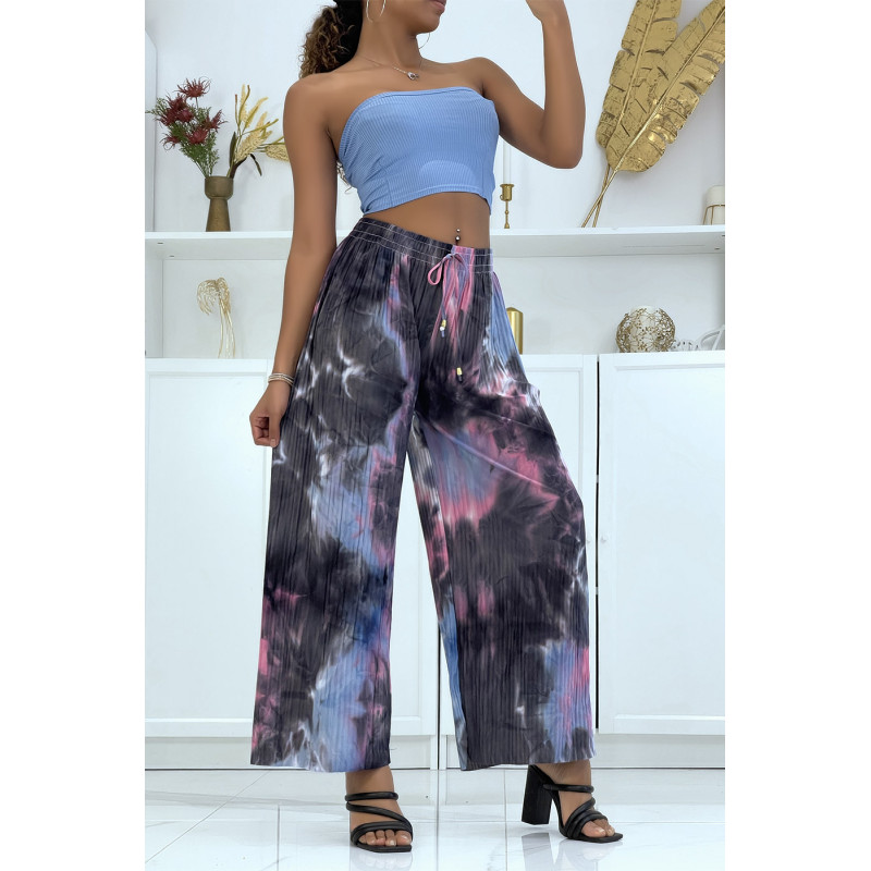 Pantalon palazzo plissé bleu tie-dye - 1