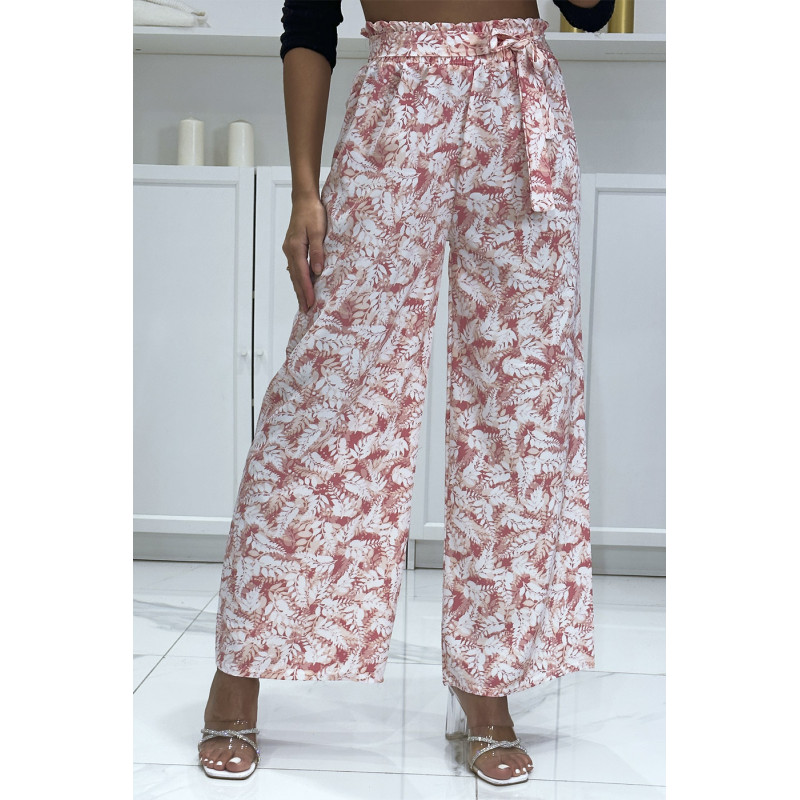 Pantalon palazzo avec joli motif feuille rose - 3