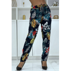 Pantalon fluide marine à motif floral B-5 - 1