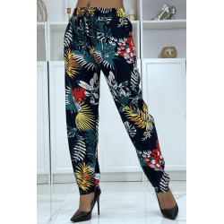 Pantalon fluide marine à motif floral B-5 - 4