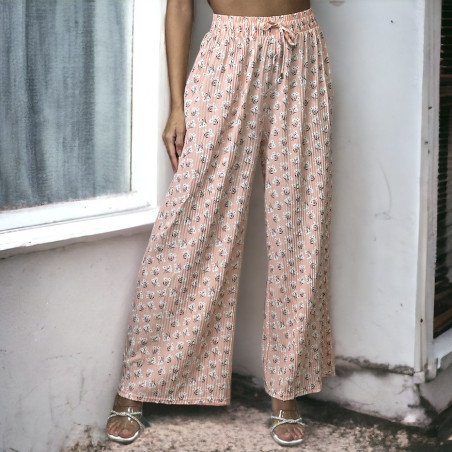 Pantalon palazzo plissé rose à motif - 3