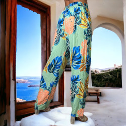 Pantalon palazzo vert imprimé tropical - 3