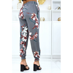 Pantalon gris à fleurs, fluide élastique à la taille et aux chevilles - 3