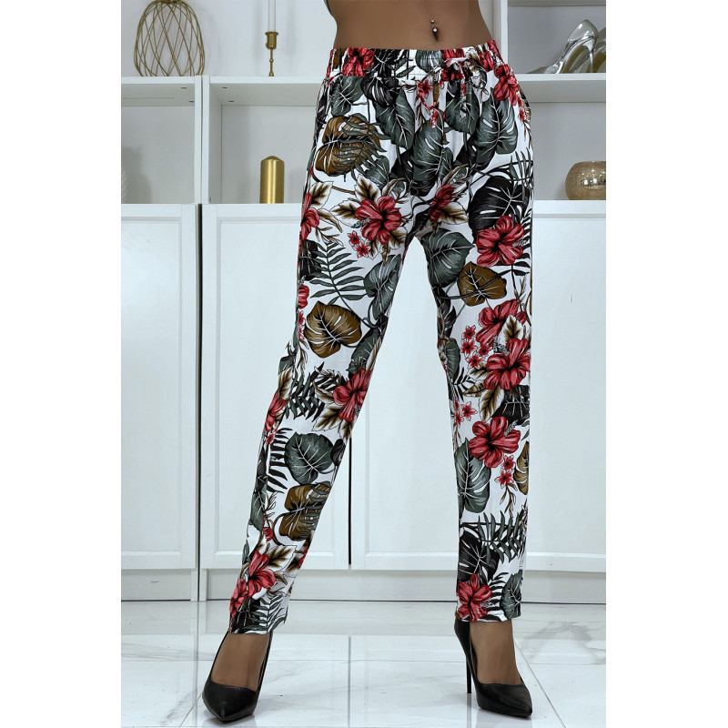 Pantalon fluide blanc à motif floral B-29 - 1