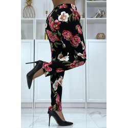 Pantalon fluide noir à motif floral B-11 - 1