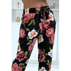 Pantalon fluide noir à motif floral B-11 - 2