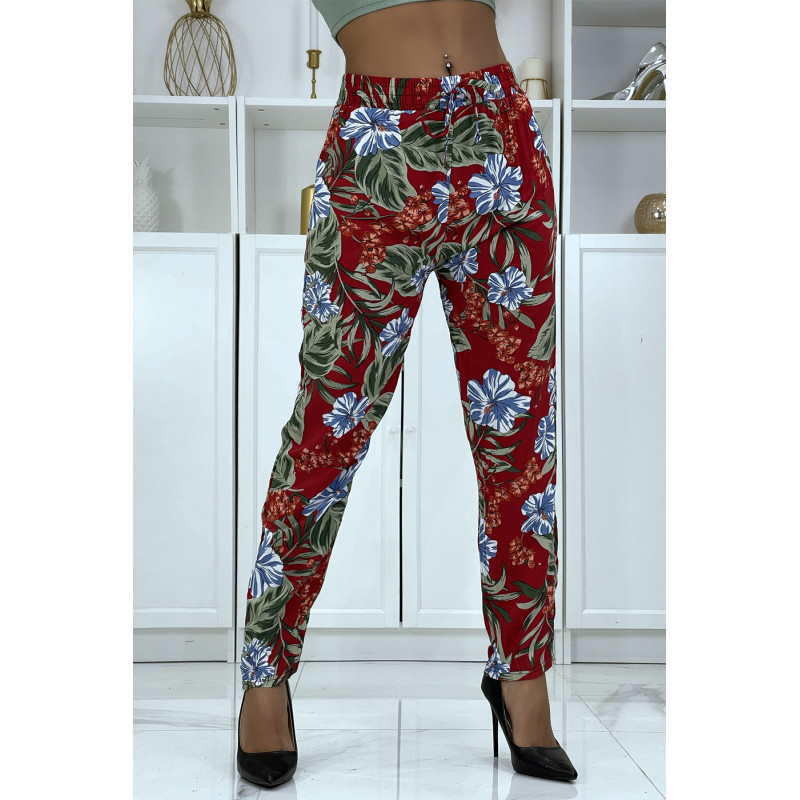 Pantalon fluide bordeaux à motif floral B-21 - 1