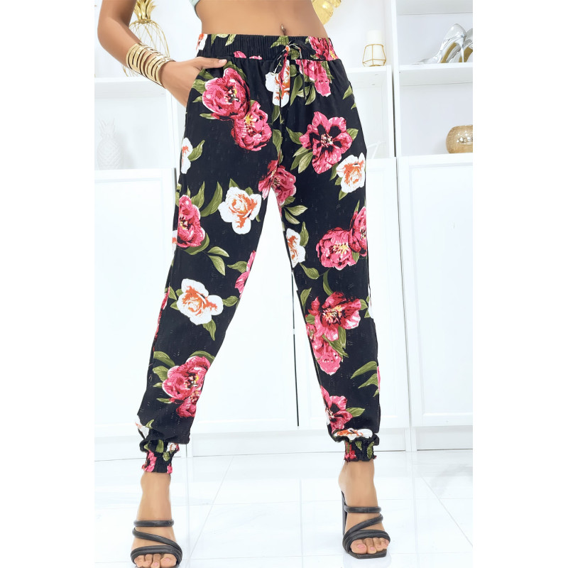 Pantalon noir à fleurs fluide élastique à la taille et aux chevilles - 1