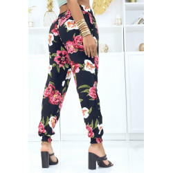 Pantalon noir à fleurs fluide élastique à la taille et aux chevilles - 3