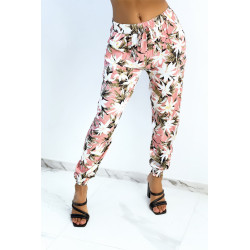 Pantalon fluide rose imprimé tropical resserré aux chevilles  - 1