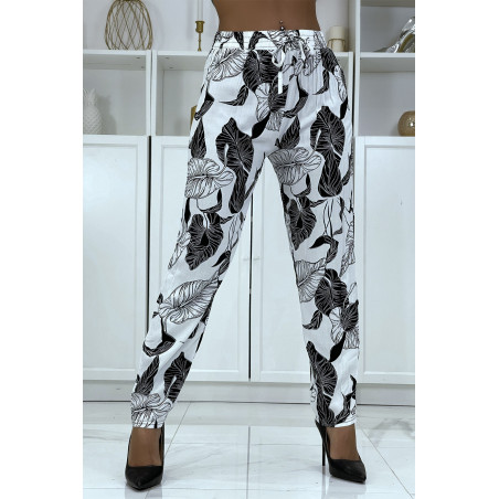 Pantalon fluide blanc à motif floral B-31 - 1