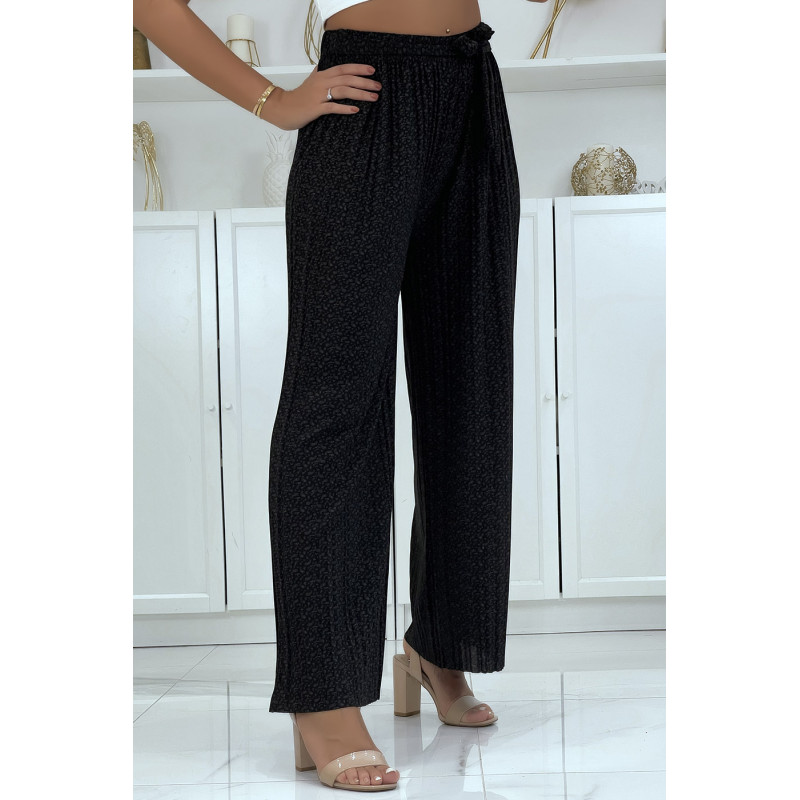 Pantalon palazzo plissé noir avec joli motif - 1