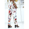 Pantalon blanc à motif floral, fluide élastique à la taille - 3