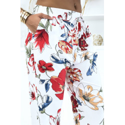 Pantalon blanc à motif floral, fluide élastique à la taille - 4